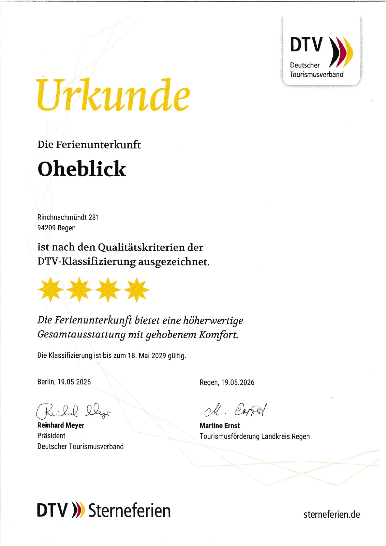 Urkunde Ferienwohnung Oheblick