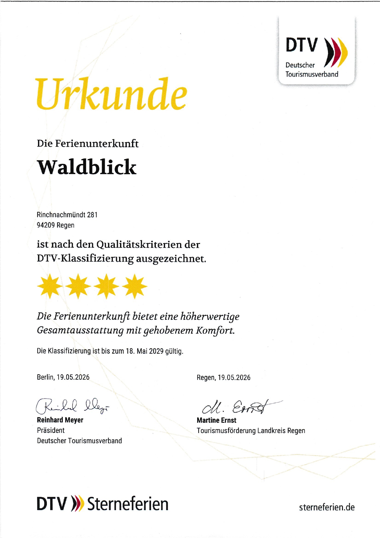 Urkunde Ferienwohnung Waldblick